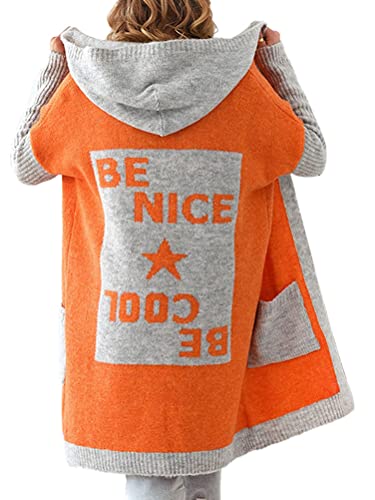 shownicer Damen Strickjacke Lang Strick Cardigan Brief Drucken Kapuzenpullover Lose Warm Frühling Herbst Strickmantel Outerwear mit Tasche B Orange L von shownicer