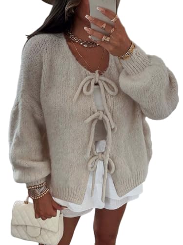 shownicer Damen Strickjacke mit Schnürung vorne und Schleife Langarm Kurz Strick Cardigan Warme Bequem Pullover Tops Streetwear A Aprikose XS von shownicer
