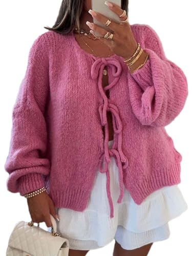 shownicer Damen Strickjacke mit Schnürung vorne und Schleife Langarm Kurz Strick Cardigan Warme Bequem Pullover Tops Streetwear A Dunkelrosa M von shownicer