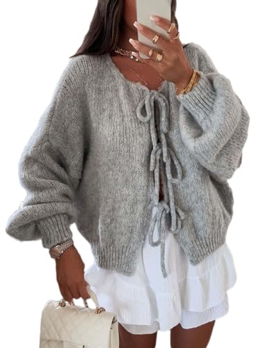 shownicer Damen Strickjacke mit Schnürung vorne und Schleife Langarm Kurz Strick Cardigan Warme Bequem Pullover Tops Streetwear A Grau XS von shownicer