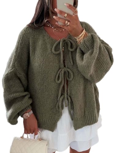 shownicer Damen Strickjacke mit Schnürung vorne und Schleife Langarm Kurz Strick Cardigan Warme Bequem Pullover Tops Streetwear A Grün M von shownicer