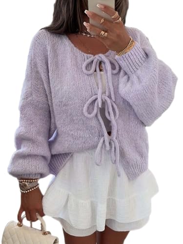 shownicer Damen Strickjacke mit Schnürung vorne und Schleife Langarm Kurz Strick Cardigan Warme Bequem Pullover Tops Streetwear A Violett XS von shownicer