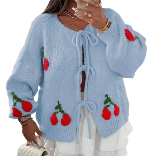 shownicer Damen Strickjacke mit Schnürung vorne und Schleife Langarm Kurz Strick Cardigan Warme Bequem Pullover Tops Streetwear B Blau S von shownicer