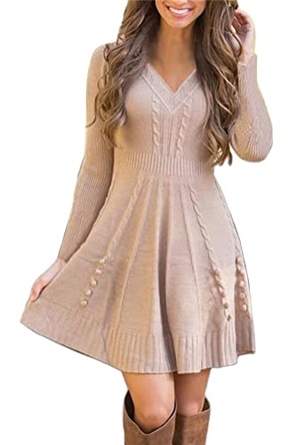 shownicer Damen Strickkleid Elegante A-Linie Kleid Pulloverkleid Winterkleider Zopfmuster V-Ausschnitt Minikleid Strickpullover für Party Cocktail Freizeit A Braun M von shownicer