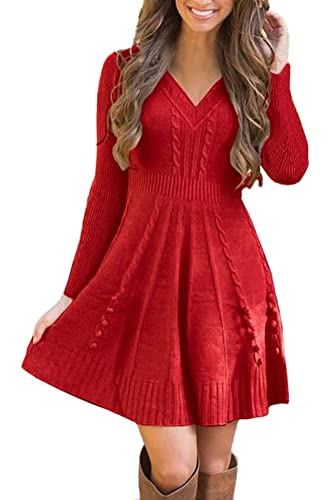 shownicer Damen Strickkleid Elegante A-Linie Kleid Pulloverkleid Winterkleider Zopfmuster V-Ausschnitt Minikleid Strickpullover für Party Cocktail Freizeit A Rot XXL von shownicer