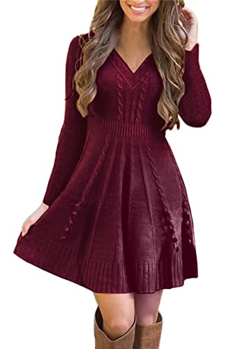 shownicer Damen Strickkleid Elegante A-Linie Kleid Pulloverkleid Winterkleider Zopfmuster V-Ausschnitt Minikleid Strickpullover für Party Cocktail Freizeit A Weinrot XL von shownicer