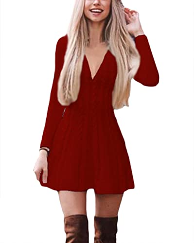 shownicer Damen Strickkleid Elegante A-Linie Kleid Pulloverkleid Winterkleider Zopfmuster V-Ausschnitt Minikleid Strickpullover für Party Cocktail Freizeit B Rot XS von shownicer