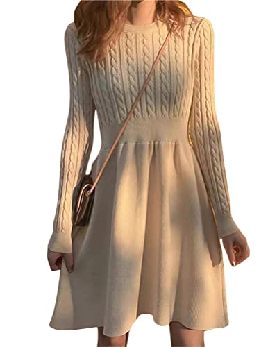 shownicer Damen Strickkleid Elegante A-Linie Kleid Pulloverkleid Winterkleider Zopfmuster V-Ausschnitt Minikleid Strickpullover für Party Cocktail Freizeit C Beige S von shownicer