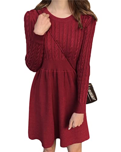 shownicer Damen Strickkleid Elegante A-Linie Kleid Pulloverkleid Winterkleider Zopfmuster V-Ausschnitt Minikleid Strickpullover für Party Cocktail Freizeit C Rot M von shownicer