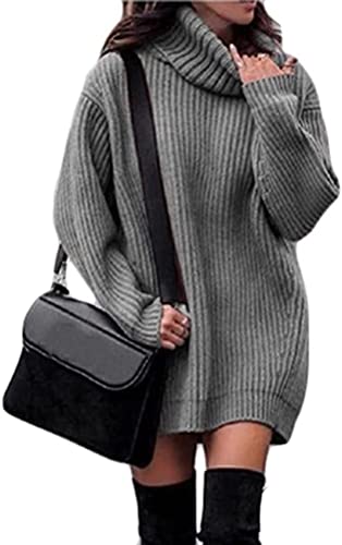 shownicer Damen Strickkleid Elegante A-Linie Kleid Pulloverkleid Zopfmuster Rundhalsausschnitt Minikleid Strickpullover für Party Cocktail Freizeit Dunkelgrau 3XL von shownicer