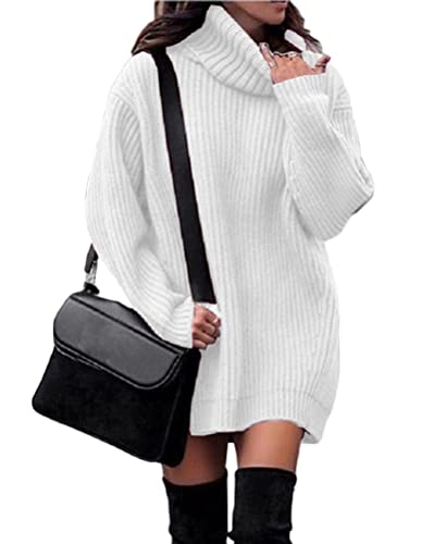 shownicer Damen Strickkleid Elegante A-Linie Kleid Pulloverkleid Zopfmuster Rundhalsausschnitt Minikleid Strickpullover für Party Cocktail Freizeit Weiß S von shownicer