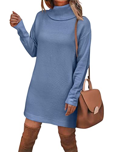 shownicer Damen Strickkleid Minikleid Rollkragen Strickkleider Winter Sweater Kleid Midi Einfarbig Lang Wollkleid Pulli Kleid Pulloverkleid Warme Strick Longpullover Winterkleid A Blau S von shownicer