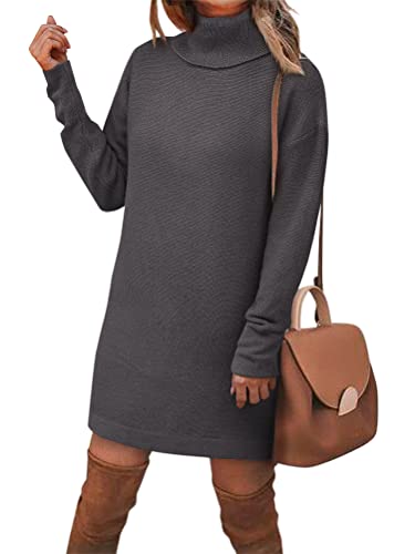 shownicer Damen Strickkleid Minikleid Rollkragen Strickkleider Winter Sweater Kleid Midi Einfarbig Lang Wollkleid Pulli Kleid Pulloverkleid Warme Strick Longpullover Winterkleid A Dunkelgrau XS von shownicer
