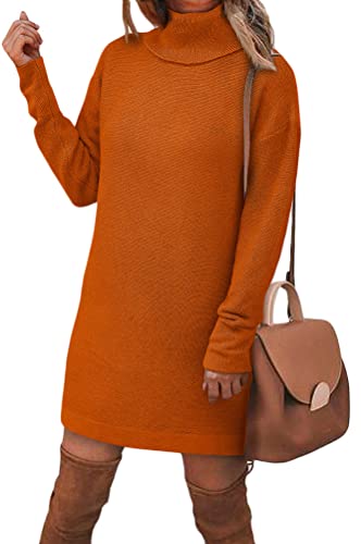 shownicer Damen Strickkleid Minikleid Rollkragen Strickkleider Winter Sweater Kleid Midi Einfarbig Lang Wollkleid Pulli Kleid Pulloverkleid Warme Strick Longpullover Winterkleid A Orange L von shownicer