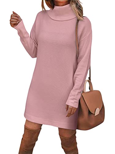 shownicer Damen Strickkleid Minikleid Rollkragen Strickkleider Winter Sweater Kleid Midi Einfarbig Lang Wollkleid Pulli Kleid Pulloverkleid Warme Strick Longpullover Winterkleid A Rosa S von shownicer