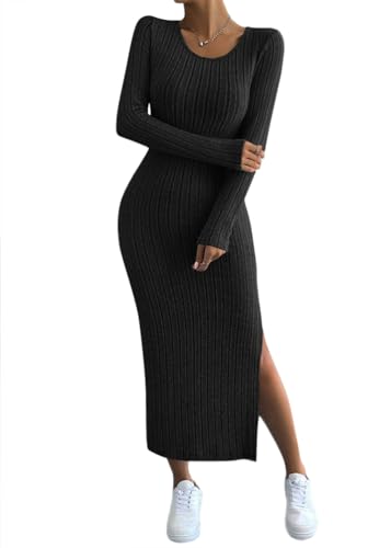 shownicer Damen Strickkleid Mit Schlitz Rippstrick Pulloverkleid Langarm U Ausschnitt Figurbetontes Kleid Bodycon Midikleid Pullikleid Einfarbige Freizeitkleid für Herbst Winter A Schwarz S von shownicer