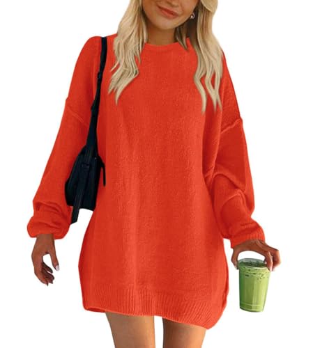 shownicer Damen Strickkleid Pulloverkleid Elegant Winterkleider Langarm Einfarbige Rundhals Minikleid Strickpullover Freizeit Oversized Sweater Tunika Kleid für Herbst Winter A Orange S von shownicer