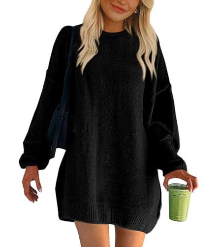 shownicer Damen Strickkleid Pulloverkleid Elegant Winterkleider Langarm Einfarbige Rundhals Minikleid Strickpullover Freizeit Oversized Sweater Tunika Kleid für Herbst Winter A Schwarz XL von shownicer