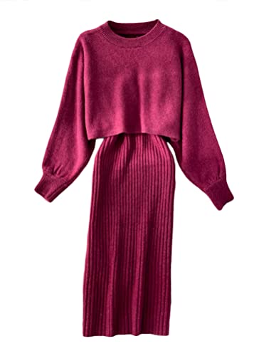 shownicer Damen Strickkleid Set Zweiteiliger Anzug Pullover Oberteil und Kleid Bodycon 2 Stück Set Sweater Midikleid Pullikleid Gestrickt Kleid Set B Rosa Einheitsgröße von shownicer