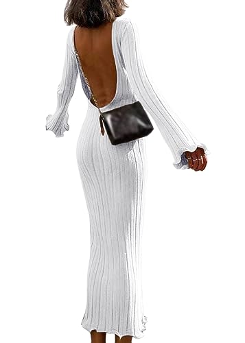 shownicer Damen Strickkleid Wickelkleid Pulloverkleid Rückenfreies Langarm Bodycon Lang Maxikleid Winterkleid Herbst Winter Eng Strick Warm Etuikleid Freizeitkleider Partykleid A Weiß XS von shownicer