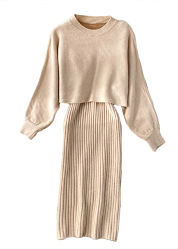 shownicer Damen Strickkleid Zweiteiliger Anzug Pullover Oberteil und Kleid Bodycon 2 Stück Set Sweater Midikleid Pullikleid Gestrickt Kleid Set B Aprikose Einheitsgröße von shownicer