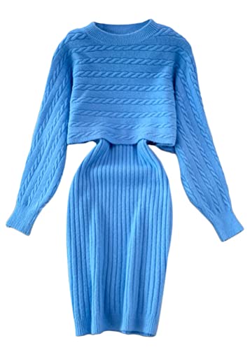shownicer Damen Strickkleid Zweiteiliger Anzug Pullover Oberteil und Kleid Bodycon 2 Stück Set Sweater Midikleid Pullikleid Gestrickt Kleid Set C Blau Einheitsgröße von shownicer