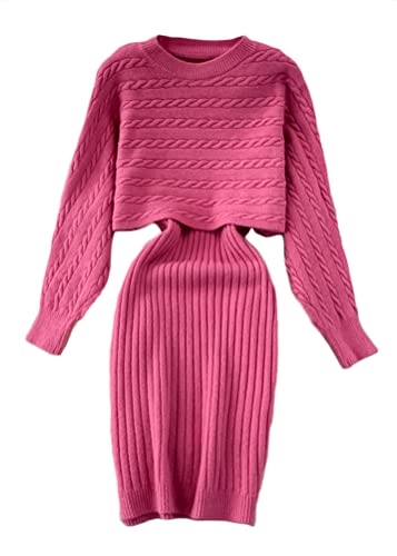 shownicer Damen Strickkleid Zweiteiliger Anzug Pullover Oberteil und Kleid Bodycon 2 Stück Set Sweater Midikleid Pullikleid Gestrickt Kleid Set C Rosa Einheitsgröße von shownicer