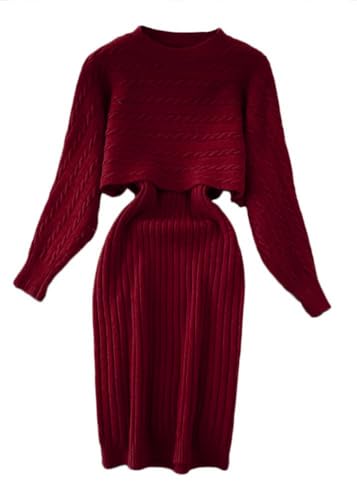 shownicer Damen Strickkleid Zweiteiliger Anzug Pullover Oberteil und Kleid Bodycon 2 Stück Set Sweater Midikleid Pullikleid Gestrickt Kleid Set C Rot Einheitsgröße von shownicer