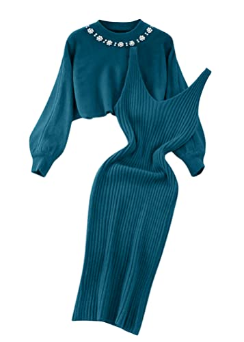 shownicer Damen Strickkleid Zweiteiliger Anzug Pullover Oberteil und Kleid Bodycon 2 Stück Set Sweater Midikleid Pullikleid Gestrickt Kleid Set D Blau Einheitsgröße von shownicer