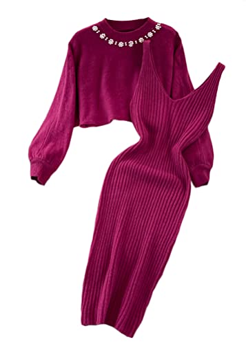 shownicer Damen Strickkleid Zweiteiliger Anzug Pullover Oberteil und Kleid Bodycon 2 Stück Set Sweater Midikleid Pullikleid Gestrickt Kleid Set D Violett Einheitsgröße von shownicer