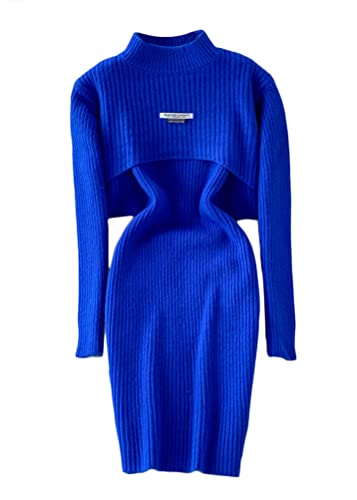 shownicer Damen Strickkleid Zweiteiliger Anzug Pullover Oberteil und Kleid Bodycon 2 Stück Set Sweater Midikleid Pullikleid Gestrickt Kleid Set F Blau Einheitsgröße von shownicer