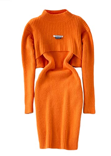 shownicer Damen Strickkleid Zweiteiliger Anzug Pullover Oberteil und Kleid Bodycon 2 Stück Set Sweater Midikleid Pullikleid Gestrickt Kleid Set F Orange Einheitsgröße von shownicer