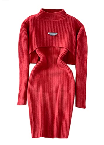 shownicer Damen Strickkleid Zweiteiliger Anzug Pullover Oberteil und Kleid Bodycon 2 Stück Set Sweater Midikleid Pullikleid Gestrickt Kleid Set F Rot Einheitsgröße von shownicer