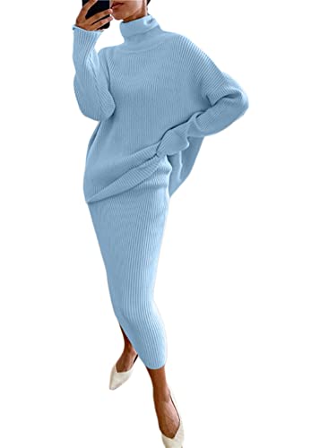 shownicer Damen Strickkleid Zweiteiliger Anzug Pullover Oberteil und Midi Strickrock Bodycon 2 Stück Set Maxikleid Rollkragen Pulloverkleid Winter Strick Kleid A Blau M von shownicer