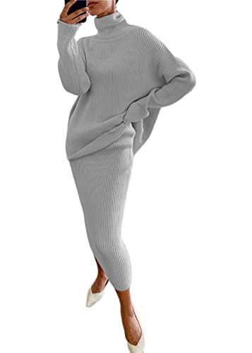 shownicer Damen Strickkleid Zweiteiliger Anzug Pullover Oberteil und Midi Strickrock Bodycon 2 Stück Set Maxikleid Rollkragen Pulloverkleid Winter Strick Kleid A Grau 3XL von shownicer