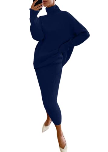 shownicer Damen Strickkleid Zweiteiliger Anzug Pullover Oberteil und Midi Strickrock Bodycon 2 Stück Set Maxikleid Rollkragen Pulloverkleid Winter Strick Kleid A Marine M von shownicer