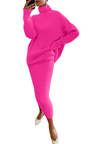 shownicer Damen Strickkleid Zweiteiliger Anzug Pullover Oberteil und Midi Strickrock Bodycon 2 Stück Set Maxikleid Rollkragen Pulloverkleid Winter Strick Kleid A Rosa L von shownicer