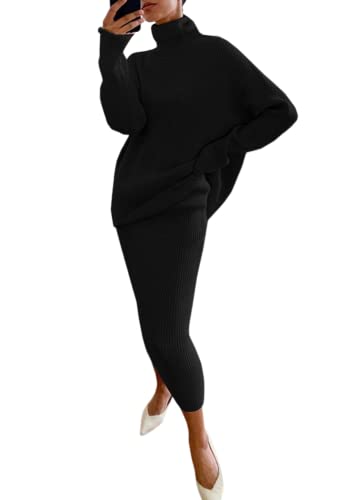 shownicer Damen Strickkleid Zweiteiliger Anzug Pullover Oberteil und Midi Strickrock Bodycon 2 Stück Set Maxikleid Rollkragen Pulloverkleid Winter Strick Kleid A Schwarz L von shownicer