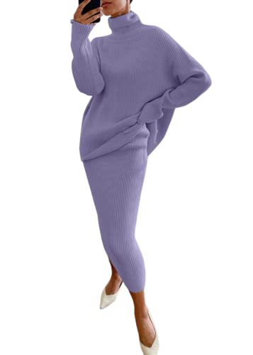 shownicer Damen Strickkleid Zweiteiliger Anzug Pullover Oberteil und Midi Strickrock Bodycon 2 Stück Set Maxikleid Rollkragen Pulloverkleid Winter Strick Kleid A Violett 3XL von shownicer