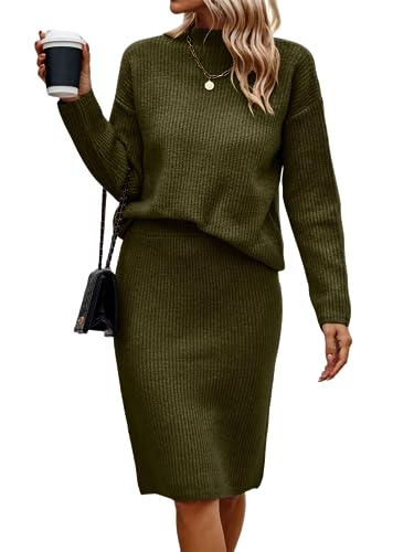 shownicer Damen Strickkleid Zweiteiliger Anzug Pullover Oberteil und Midi Strickrock Bodycon 2 Stück Set Maxikleid Rollkragen Pulloverkleid Winter Strick Kleid C Armeegrün 3XL von shownicer