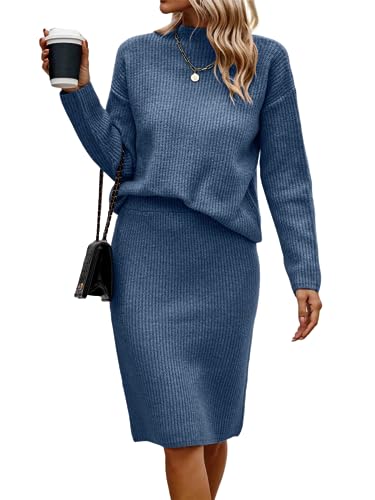 shownicer Damen Strickkleid Zweiteiliger Anzug Pullover Oberteil und Midi Strickrock Bodycon 2 Stück Set Maxikleid Rollkragen Pulloverkleid Winter Strick Kleid C Blau M von shownicer