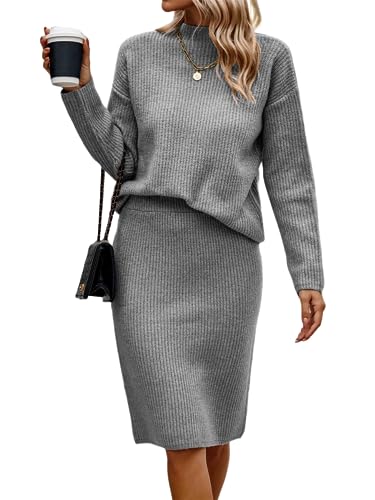 shownicer Damen Strickkleid Zweiteiliger Anzug Pullover Oberteil und Midi Strickrock Bodycon 2 Stück Set Maxikleid Rollkragen Pulloverkleid Winter Strick Kleid C Grau S von shownicer