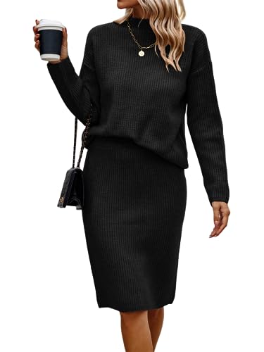 shownicer Damen Strickkleid Zweiteiliger Anzug Pullover Oberteil und Midi Strickrock Bodycon 2 Stück Set Maxikleid Rollkragen Pulloverkleid Winter Strick Kleid C Schwarz S von shownicer