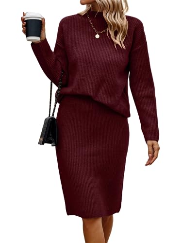 shownicer Damen Strickkleid Zweiteiliger Anzug Pullover Oberteil und Midi Strickrock Bodycon 2 Stück Set Maxikleid Rollkragen Pulloverkleid Winter Strick Kleid C Weinrot XXL von shownicer