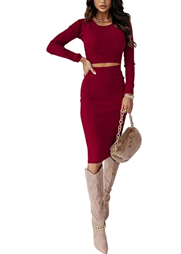 shownicer Damen Strickkleid Zweiteiliger Anzug Pullover Oberteil und Midi Strickrock Bodycon 2 Stück Set Midikleid Rollkragen Pulloverkleid A Weinrot M von shownicer