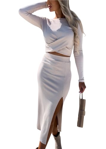 shownicer Damen Strickkleid Zweiteiliger Anzug Pullover Oberteil und Midi Strickrock Bodycon 2 Stück Set Midikleid Rollkragen Pulloverkleid B Beige L von shownicer