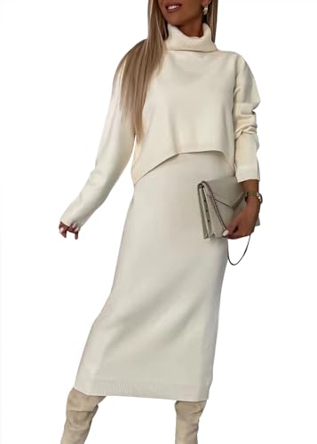 shownicer Damen Strickkleid Zweiteiliger Anzug Rollkragen Winterkleid Langarm Pullover und Maxi Strickrock Bodycon 2 Stück Set Sweater Midikleid Pullikleid Gestrickt Kleid Set A Aprikose XXL von shownicer