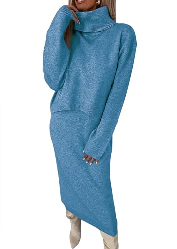 shownicer Damen Strickkleid Zweiteiliger Anzug Rollkragen Winterkleid Langarm Pullover und Maxi Strickrock Bodycon 2 Stück Set Sweater Midikleid Pullikleid Gestrickt Kleid Set A Blau XXL von shownicer