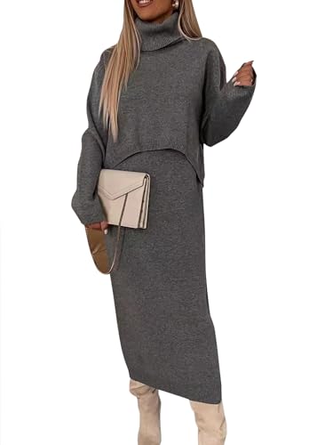 shownicer Damen Strickkleid Zweiteiliger Anzug Rollkragen Winterkleid Langarm Pullover und Maxi Strickrock Bodycon 2 Stück Set Sweater Midikleid Pullikleid Gestrickt Kleid Set A Grau M von shownicer