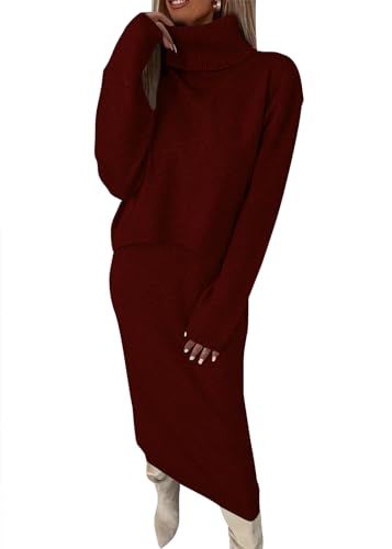 shownicer Damen Strickkleid Zweiteiliger Anzug Rollkragen Winterkleid Langarm Pullover und Maxi Strickrock Bodycon 2 Stück Set Sweater Midikleid Pullikleid Gestrickt Kleid Set A Weinrot L von shownicer